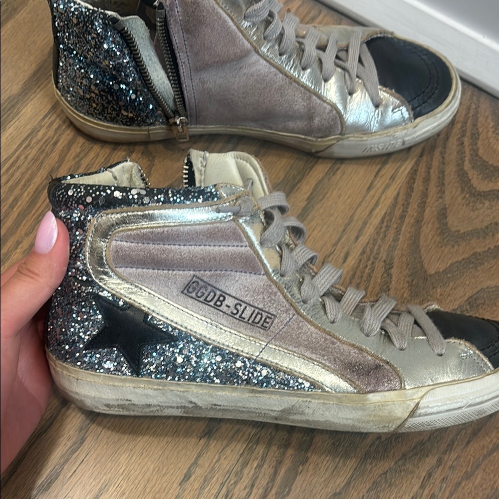Golden Goose Silver and Black Distressed Sneakers
